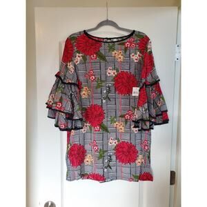 True Destiny Red Floral Houndstooth Print Shift Mini Dress NWT, Size Medium